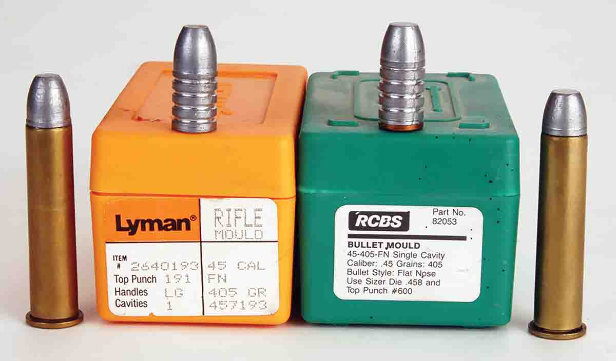 Mike believes that these two cast bullet designs are naturals for .45-70 leverguns. When using black powder, he chooses Lyman 457193 (left). When shooting smokeless propellants, he chooses RCBS 45-405-FN gas check (right).